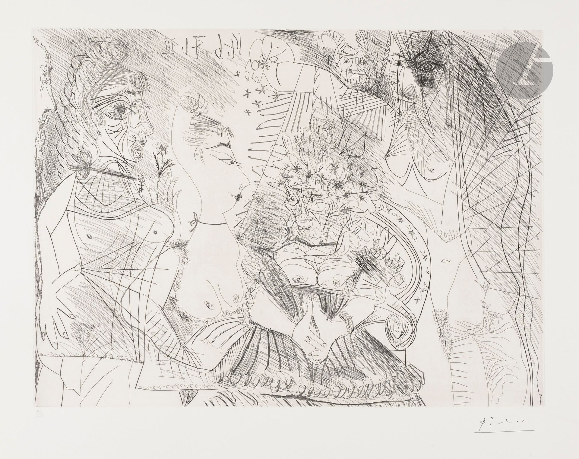 Pablo Picasso (1881-1973)
La Fête de la patronne, confetti and imp. Fine slice by Degas (Les 156, pl. 154). June 14, 1971. Etching. 490 x 365 [650 x 500]. Bloch 2009; Baer 2019 B a. Perfect proof on white vellum, numbered in pencil and stamped with the signature. All margins untrimmed. Edition of 50 proofs. Galerie L. Leiris ed. 1978.
 Provenance:
H. M. Petiet (1894-1980).