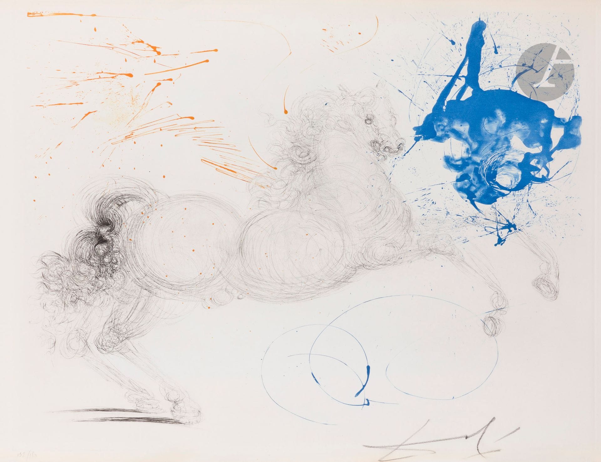Salvador Dalí (1904-1989)
Pégase. (Mythologie, pl. 13). 1963-1965. Héliogravure et pointe sèche. [760 x 565]. Michler et Löpsinger 128. Impression en couleurs. Très belle épreuve sur vélin crème filigrané « Arches », numérotée et signée au crayon. Trace claire d’oxydation aux bords du feuillet. Toutes marges. Tirage à 150 épreuves. Argillet éd.