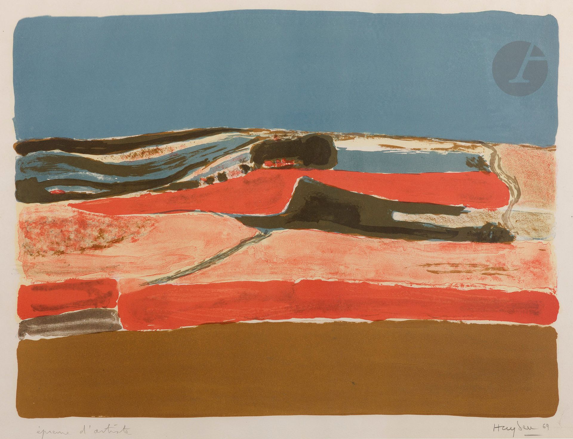 Henri Hayden (1883-1970)
Paysage. 1969. Lithographie. 520 x 380. Impression en couleurs. Très belle épreuve sur vélin, annotée « epreuve d’artiste », signée et datée au crayon, très légèrement insolée. Toutes marges. Cadre.