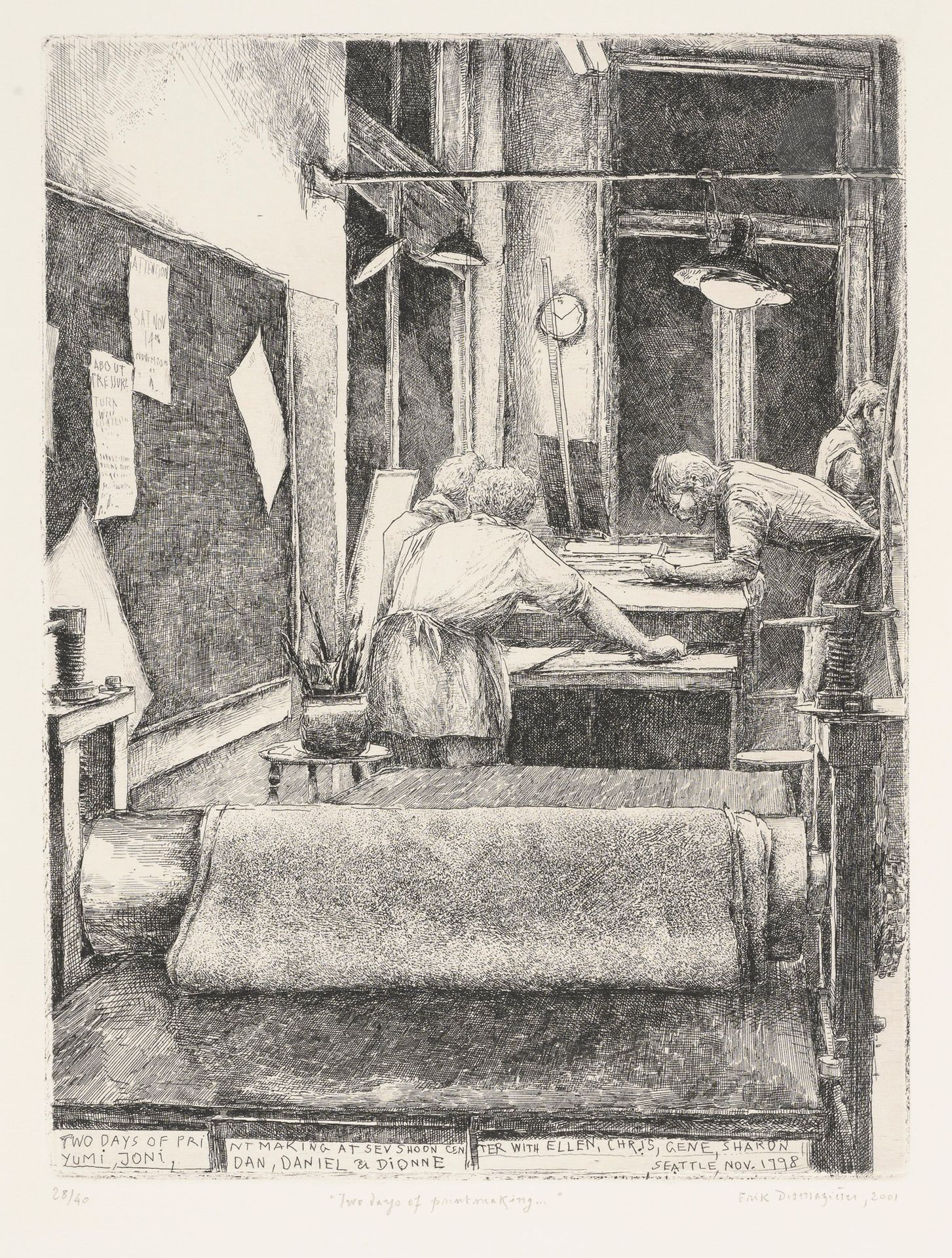 Érik Desmazières (né en 1948)
Two Days of Printmaking in Seattle. 2001. Eau-forte. 225 x 296. Fitch 176. Très belle épreuve sur vélin blanc, numérotée, titrée, signée et datée au crayon. Très léger pli oblique dans l’angle supérieur gauche du feuillet. Toutes marges. Tirage à 40 épreuves.