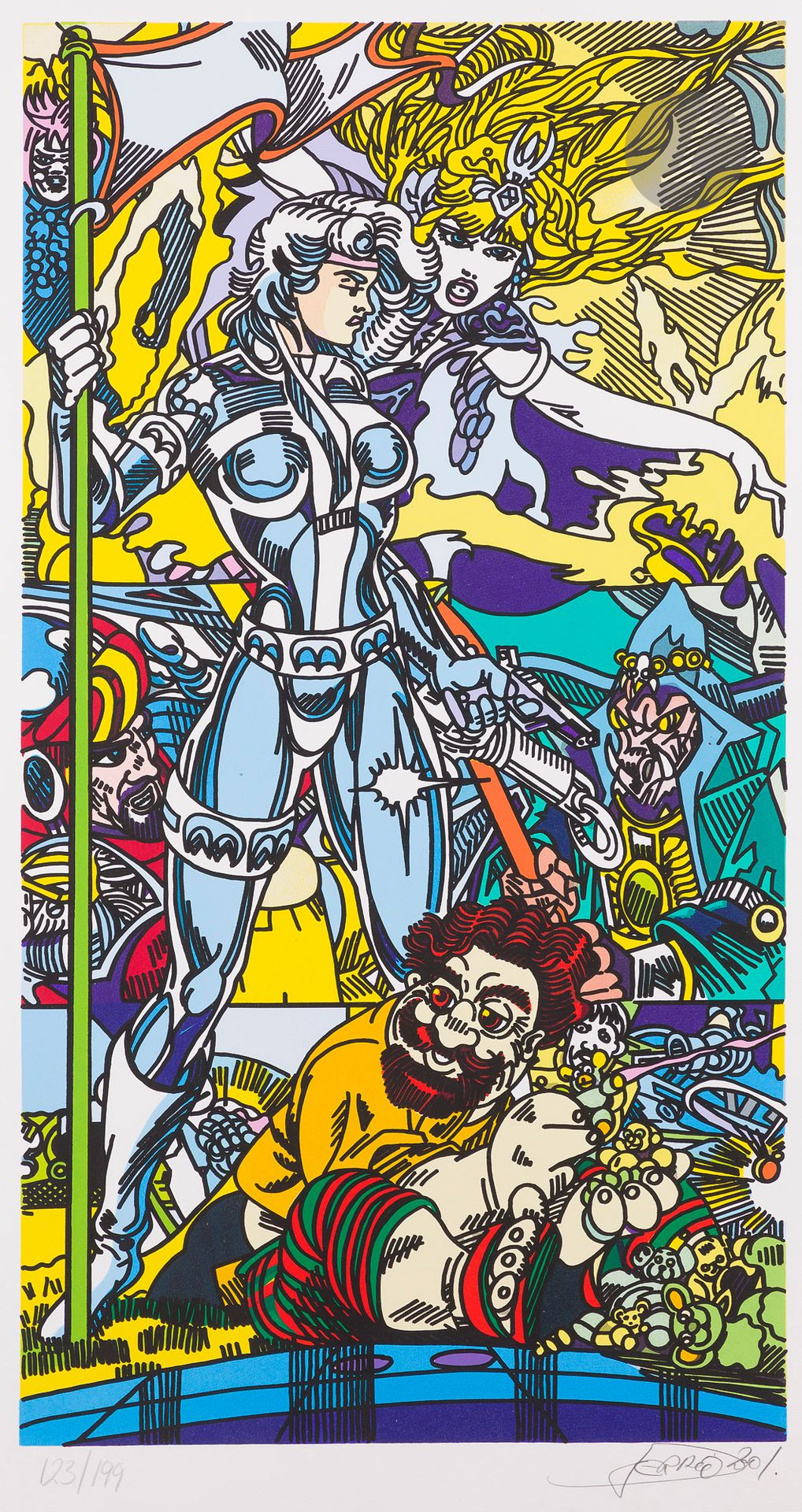 Erró (Guðmundur Guðmundsson, known as) (Icelandic, b. 1932)
Joan of Arc. 2001. Lithograph. 420 x 790, printed in color. Very fine proof on strong white vellum, signed and dated in pencil. Several broken folds at head and foot of folio, minor soiling and short tear. Full margins. Edition of 199 proofs.