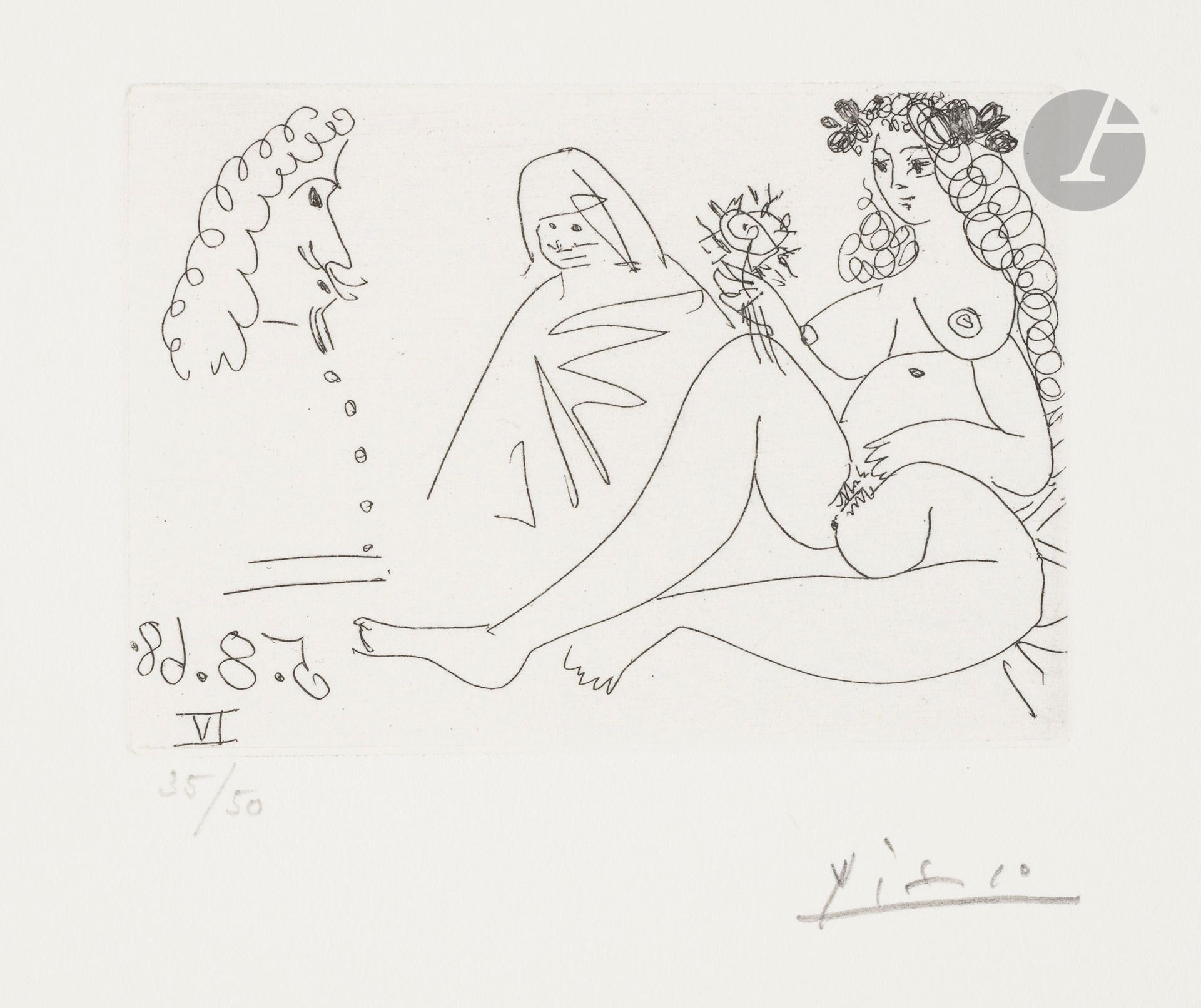 Pablo Picasso (1881-1973)
Femme blonde à la fleur, Célestine et mousquetaire. (Les 347, pl. 249). August 5, 1968. Etching. 82 x 59 [327 x 248]. Bloch 1729; Baer 1746 B b 1. Perfect proof on white vellum, numbered and signed in pencil. All margins untrimmed. Edition of 50 proofs. Galerie L. Leiris ed. 1969.
 Provenance :
H. M. Petiet (1894-1980).