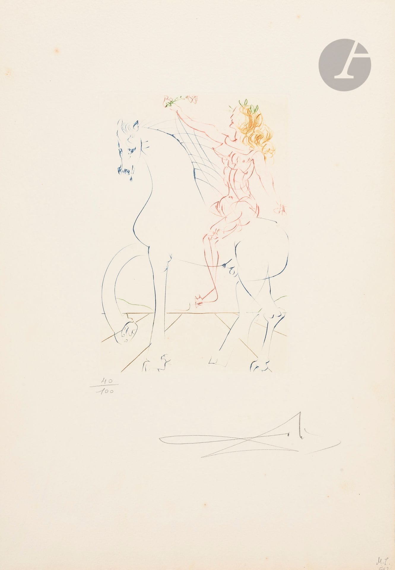 Salvador Dalí (1904-1989)
Le Triomphe. (Pl. de la suite Femmes et chevaux). 1973. Pointe sèche. 147 x 217. Michler et Löpsinger 583. Impression en couleurs. Très belle épreuve sur vergé Auvergne, numérotée et revêtue d’une signature au crayon. Quelques rousseurs. Une tache claire brunâtre au verso. Toutes marges. Tirage à 100 épreuves sur ce papier.