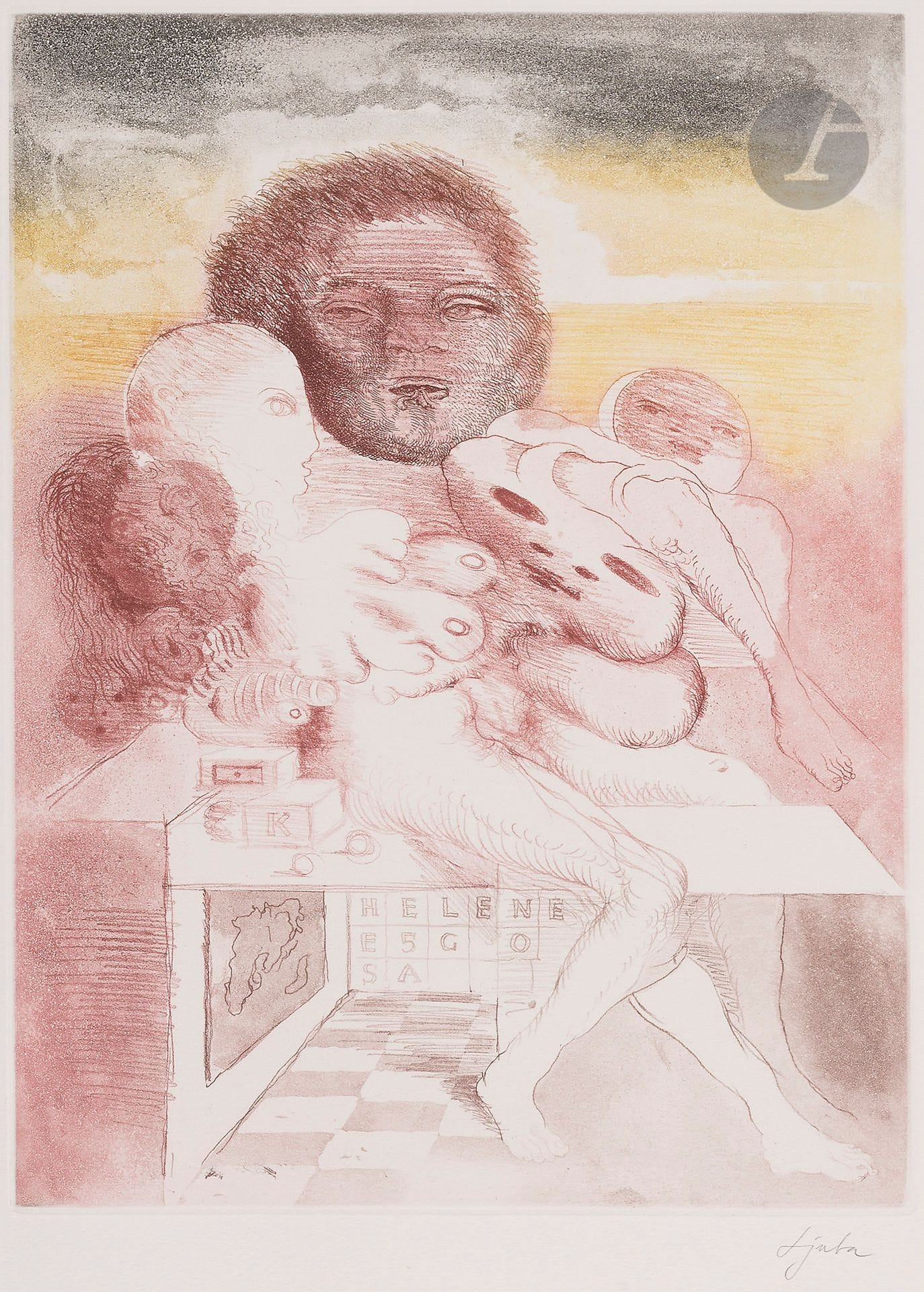 Ljuba (Ljubomir Popović, dit) (français d’origine serbe, 1934-2016)
Lambert, Jean-Clarence. Les Plaisirs difficiles. Paris, P. Belfond, « Les Cahiers du Regard », 1975. Un vol. in-fol. [405 x 600], en ff., illustré de 7 gravures originales. Eau-forte et aquatinte. Impression en couleurs. Épreuves sur feuillet double remplié, tirées en regard d’un texte imprimé, signées au crayon, sous chemise portant le titre imprimé en rose. Intérieur très frais. Étui cartonné toilé grenat de l’éditeur, estampé en lettres dorées sur le plat supérieur et sur le dos (légèrement défraîchi, avec petites auréoles d’humidité). L’un des 64 exemplaires sur grand Vélin d’Arches, numéroté. Tirage total à 119 ex.