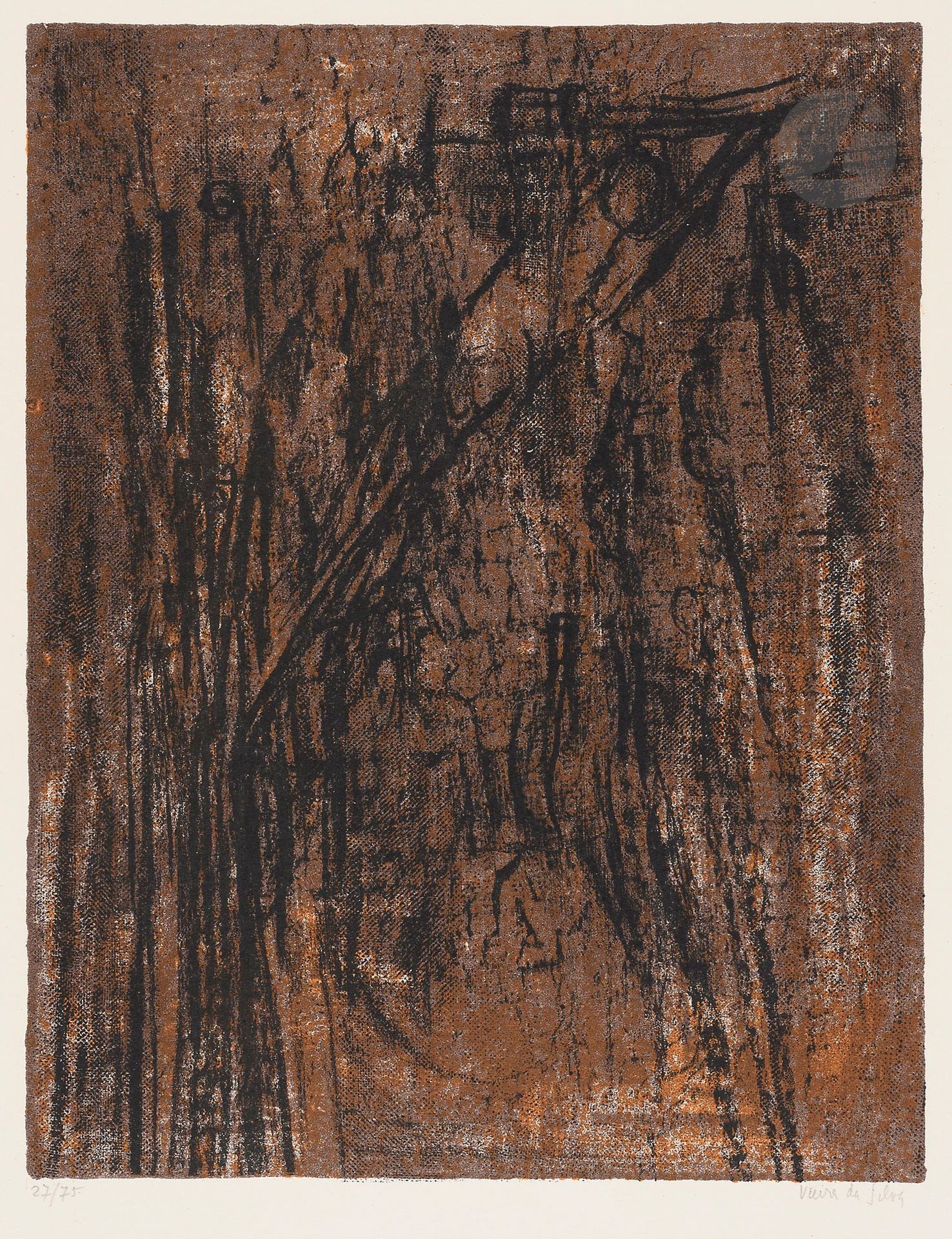 Maria Helena Vieira da Silva (portugaise, 1908-1992)
Brune. 1962. Lithographie. 245 x 315. Weelen 79. Impression en couleurs. Parfaite épreuve sur vélin, numérotée et signée au crayon. Toutes marges. Tirage à 75 épreuves.