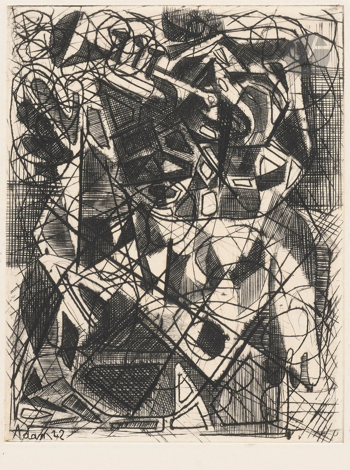 Henri-Georges Adam (1904-1967)
Le Soir au jardin. 1945. Burin. [250 x 327]. Très belle épreuve sur vélin crème, annotée « épreuve d’artiste », titrée, signée et datée au crayon. Épidermure et trace de colle brune en tête au verso. Autre légère trace d’adhésif au bord gauche au verso. Toutes marges non ébarbées.