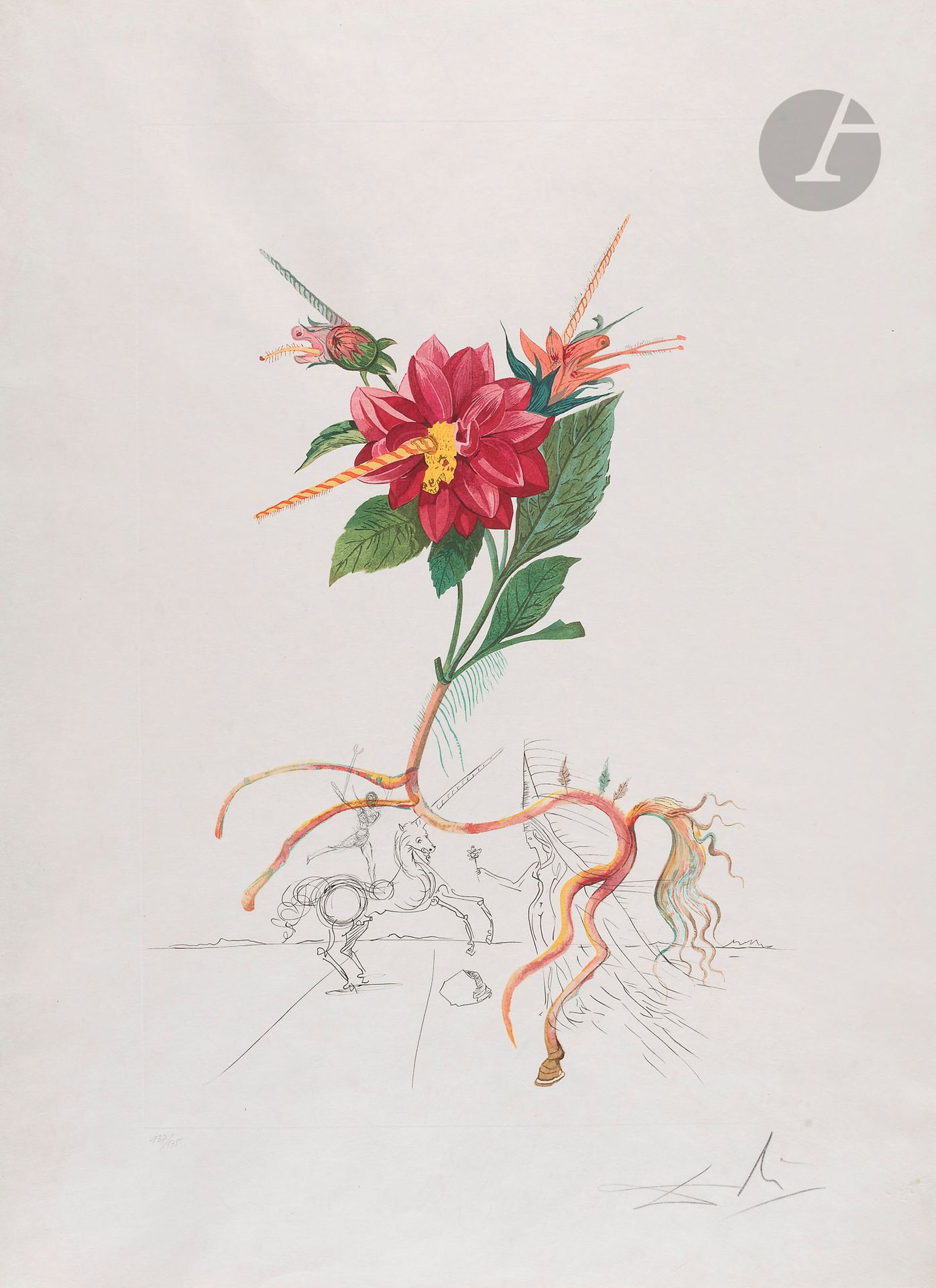 Salvador Dalí (1904-1989)
Flora Dalinae / Flore par Salvador Dalí. Paris, M. Gonon, 1968. Suite complète de 10 pl. Pointe sèche et coloris pochoir. Chaque [565 x 765]. Michler et Löpsinger 227 à 236. Très belles et fraîches épreuves du tirage à 175 sur japon nacré, numérotées et signées au crayon. Infimes rares épidermures ou plis de manipulation marginaux. Toutes marges. Joint : feuillets de texte et justificatif de tirage. (Sans le portefeuille de l’édition).
