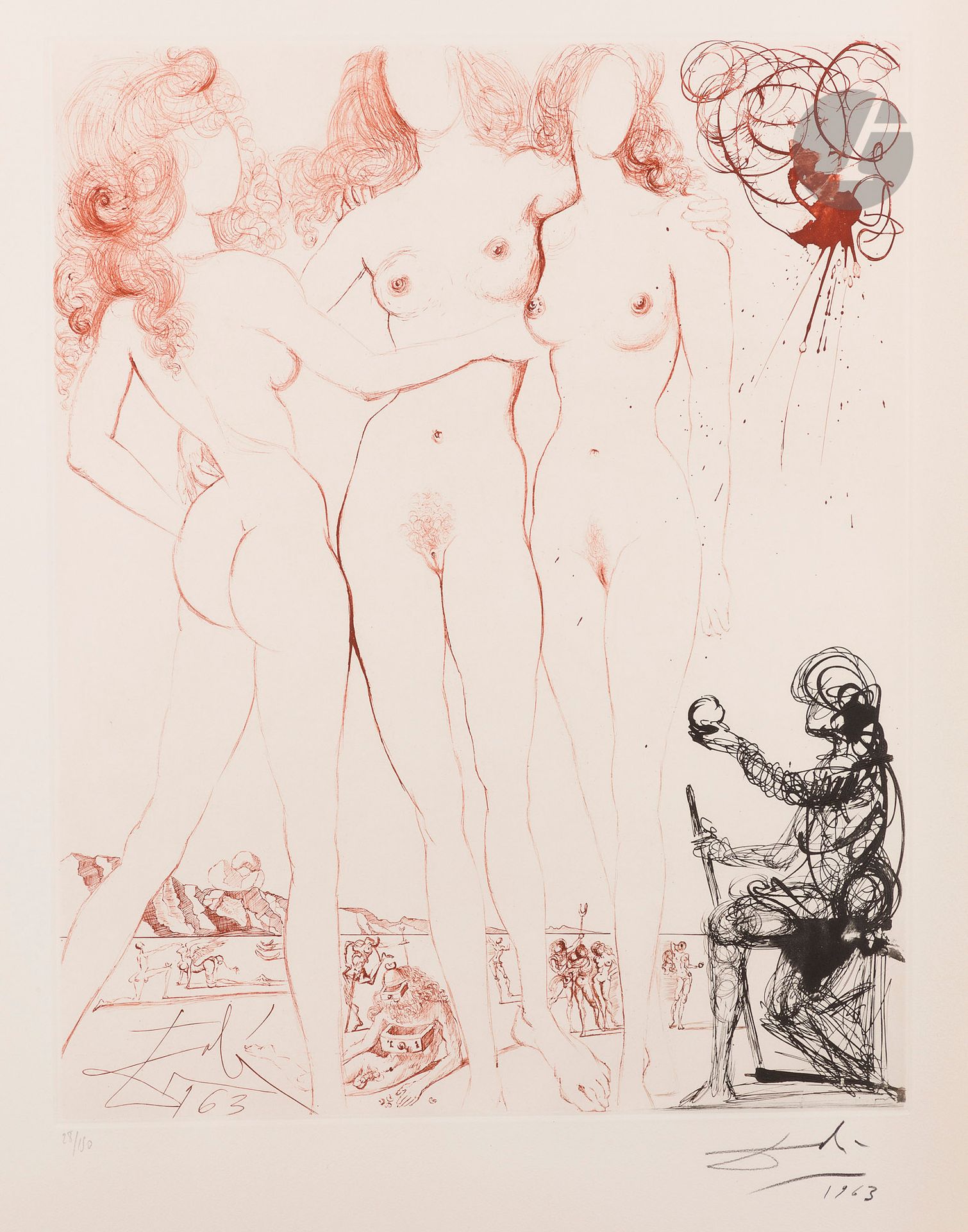Salvador Dalí (1904-1989)
The Judgment of Paris (Mythology, pl. 8). 1963-1965. Heliogravure and drypoint. [560 x 760]. Michler and Löpsinger 123, printed in color. Very fine proof on "Arches" watermarked vellum, numbered, signed and dated "1963" in pencil. Light bands of oxidation at the edges of the sheet. Full margins. Edition of 150 proofs on this paper. Argillet ed.