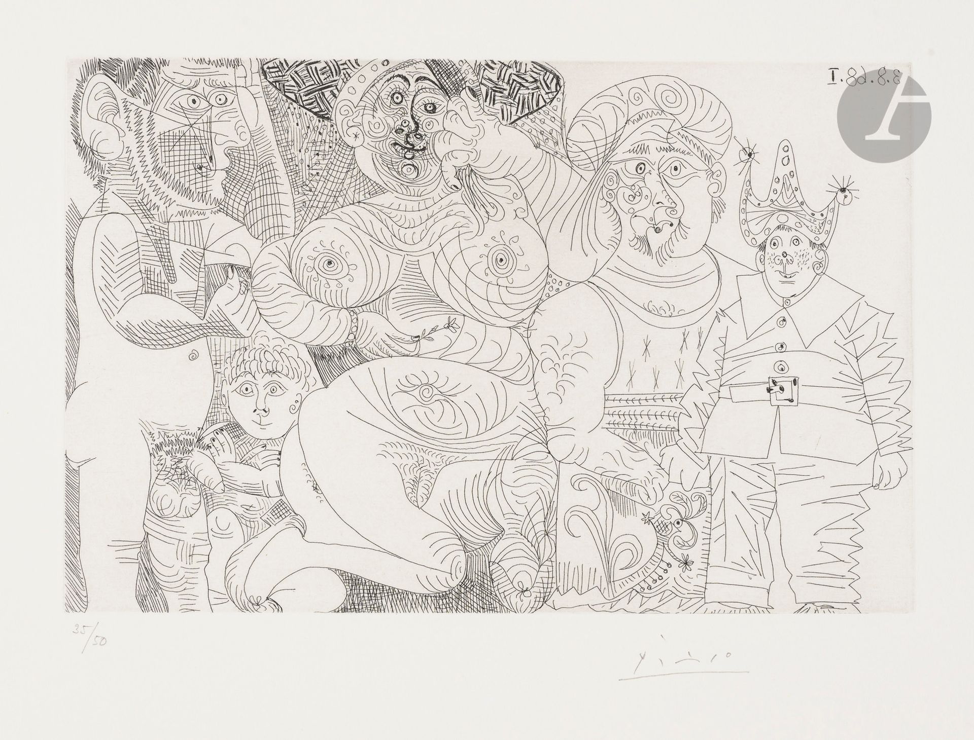 Pablo Picasso (1881-1973)
Woman with hat and carnation, with turbaned man, clown, putto and spectator. (Les 347, pl. 236). August 3, 1968. Etching. 260 x 170 [380 x 280]. Bloch 1716; Baer 1733 B b 1. Perfect proof on white vellum, numbered and signed in pencil. All margins untrimmed. Edition of 50 proofs. Galerie L. Leiris ed. 1969.
 Provenance :
H. M. Petiet (1894-1980).