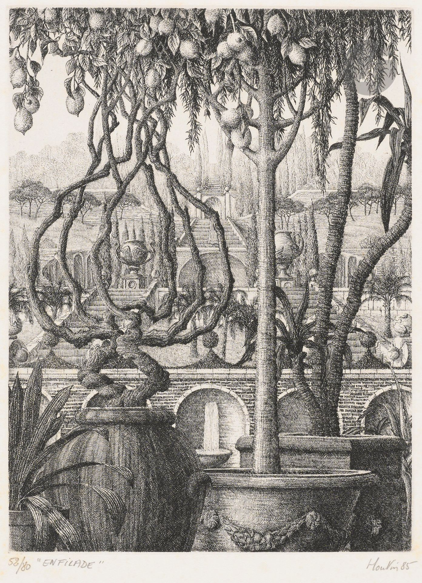 François Houtin (b. 1950)
L'Oliveraie. 1984; Enfilade. 1985. Etching. Each [330 x 250]. Very fine proofs on vellum, numbered, titled, signed and dated in pencil. Light foxing. Full margins. Edition of 80 proofs. Set. 2 p.