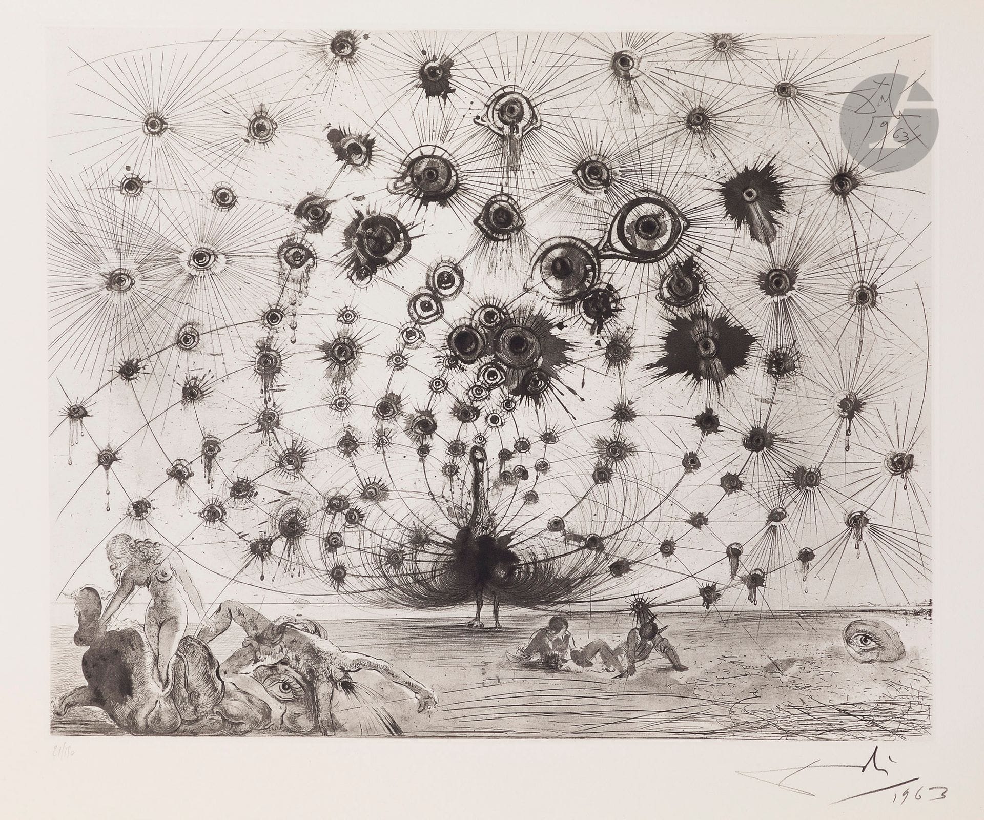 Salvador Dalí (1904-1989)
Argus. (Mythologie, pl. 1). 1963-1965. Héliogravure et pointe sèche. [760 x 565]. Michler et Löpsinger 116. Très belle et fraîche épreuve sur vélin filigrané « Arches », numérotée, signée et datée au crayon. Trace claire d’oxydation aux bords du feuillet. Toutes marges. Tirage à 150 épreuves. Argillet éd.