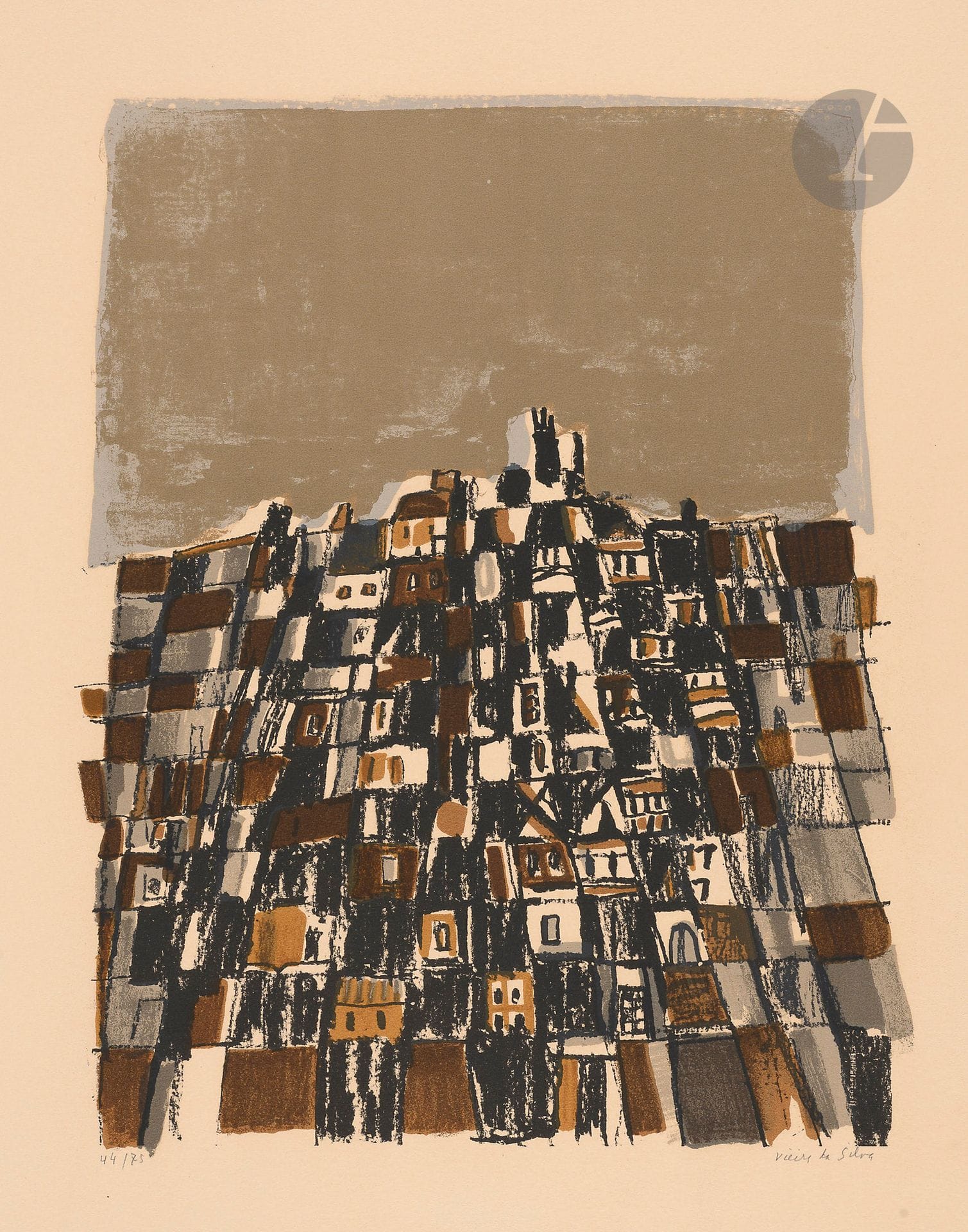Maria Helena Vieira da Silva (portugaise, 1908-1992)
La Ville. 1966. Lithographie. 250 x 325. Weelen 89. Impression en couleurs. Belle épreuve sur vélin crème, numérotée et signée au crayon, portant l’inscription « Aube » au centre en pied du feuillet. Forte insolation à l’ouverture du passe-partout. Toutes marges. Tirage à 75 épreuves. Éd. de la revue XXe siècle.