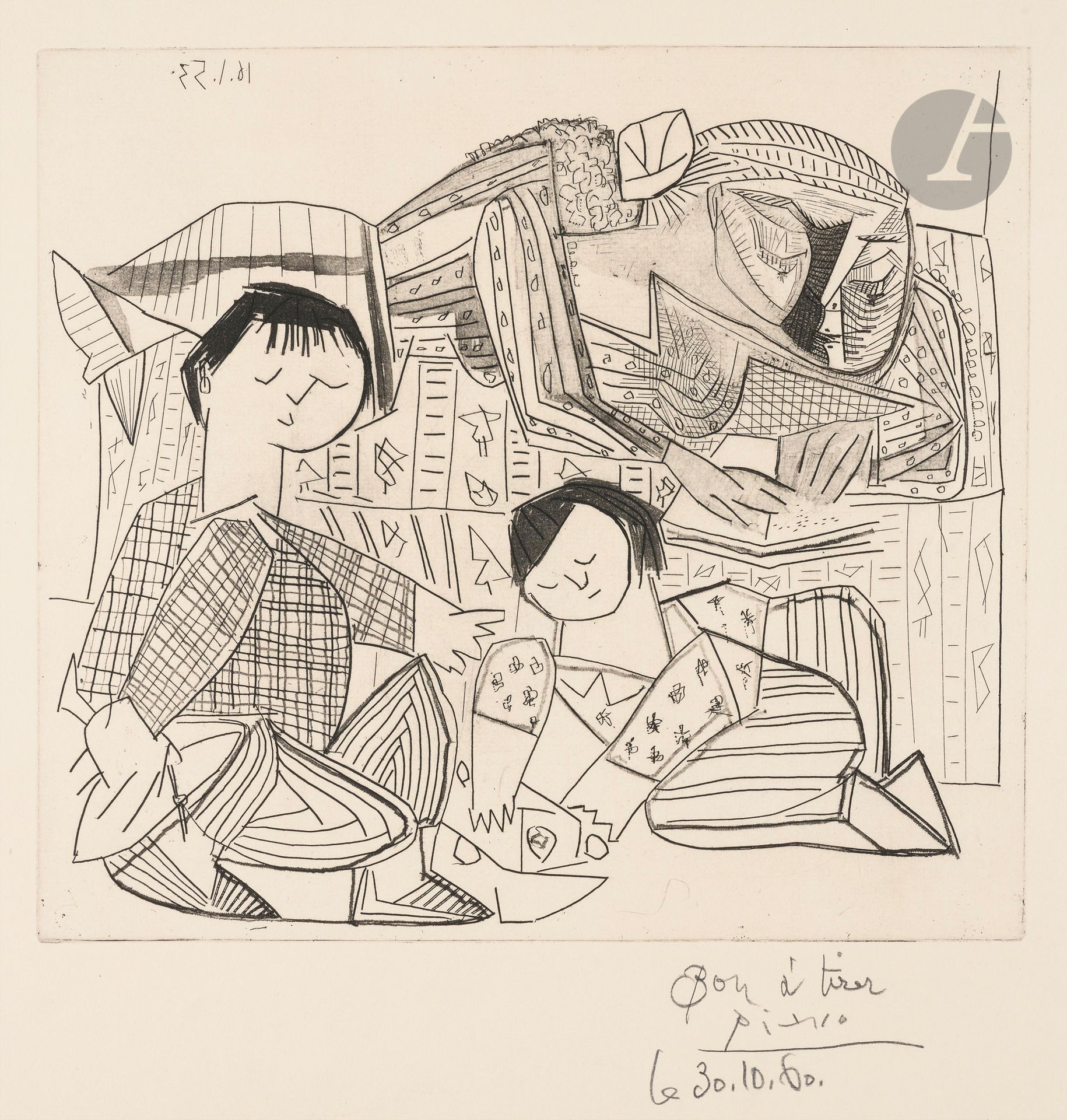 Pablo Picasso (1881-1973)
Françoise, Claude, Paloma : la lecture et les jeux, II. 16 janvier 1953. Eau-forte, aquatinte, grattoir et burin. 305 x 255 [470 x 375]. Bloch 737 ; Baer 901 V B. Très belle et fraîche épreuve sur vergé mince crème, annotée au crayon « Bon à tirer », signée et datée « 30.10.60 ». Très légère trace de frottement grisâtre oblique dans la marge inférieure au centre. Toutes marges. Tirage définitif à 50 épreuves. Galerie L. Leiris éd. (1967).
 Provenance :
Vente Loudmer, Paris, 23 juin 1975, puis H. M. Petiet (1894-1980).