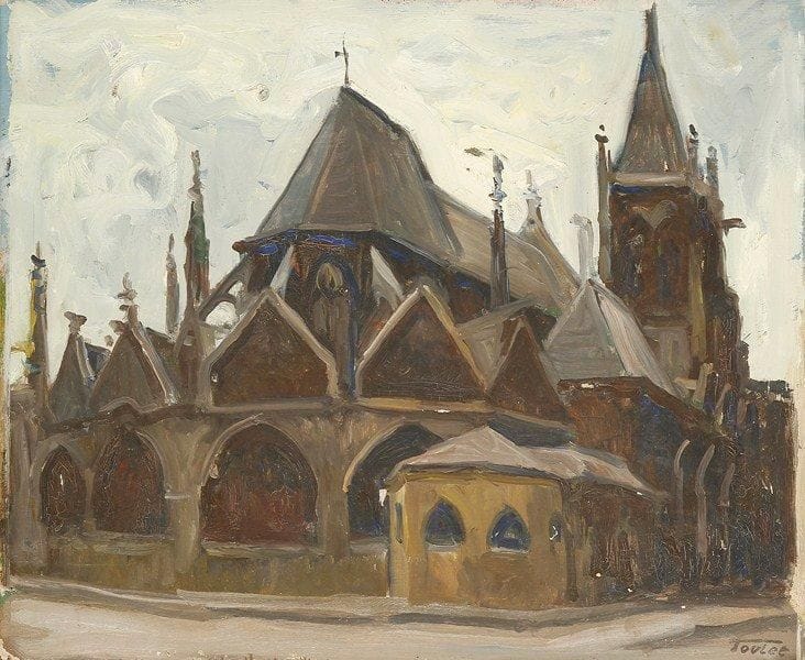 Louis-Edouard TOULET (1892-1967)
Eglise aux vitraux bleus Huile sur panneau Porte le cachet de la signature en bas à droite. 38 x 46 cm