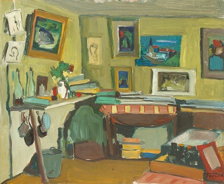 Louis-Edouard TOULET (1892-1967)
L'atelier du peintre Huile sur isorel Porte le cachet de la signature en bas à droite. 50 x 61 cm