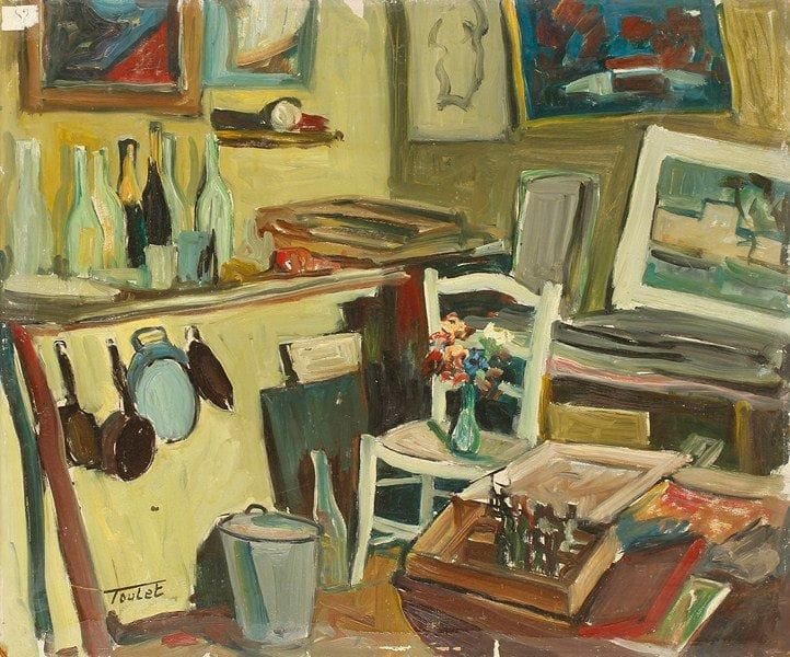 Louis-Edouard TOULET (1892-1967)
L'atelier du peintre Huile sur isorel Signée en bas à gauche. 54 x 65 cm