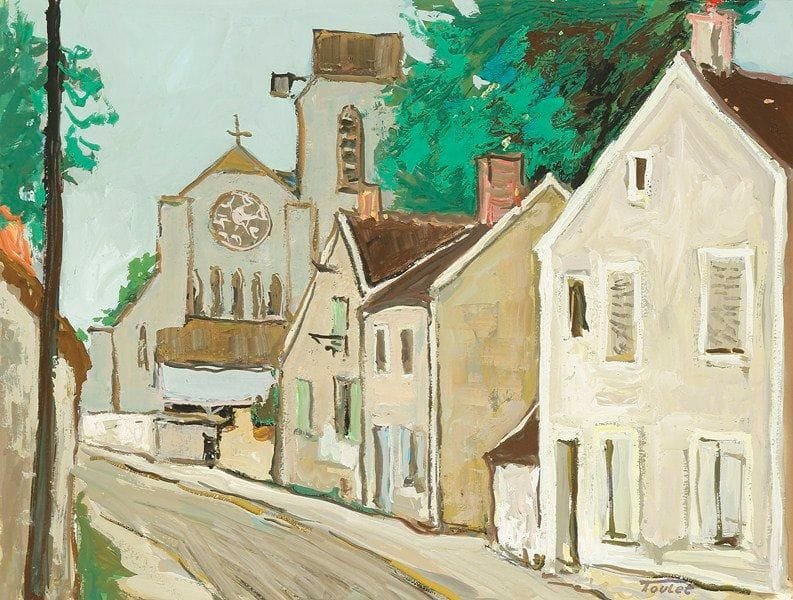Louis-Edouard TOULET (1892-1967)
Rue de l'église au printemps Gouache Porte le cachet de la signature en bas à droite. 37 x 49 cm