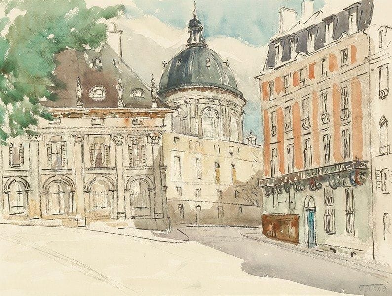 Louis-Edouard TOULET (1892-1967)
Place de la mairie Aquarelle Porte le cachet de la signature en bas à droite. 37 x 49 cm
