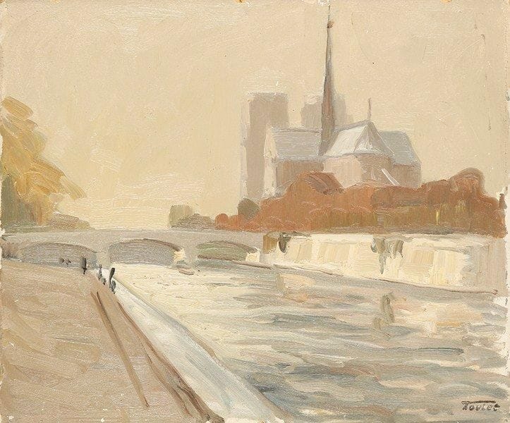Louis-Edouard TOULET (1892-1967)
Paris, la Seine au chevet de Notre-Dame Huile sur carton Porte le cachet de la signature en bas à droite.  38 x 46 cm (petits accidents)