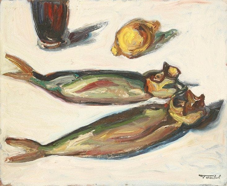 Louis-Edouard TOULET (1892-1967)
Nature morte aux poissons Huile sur panneau Porte le cachet de la signature en bas à droite.  38 x 46 cm