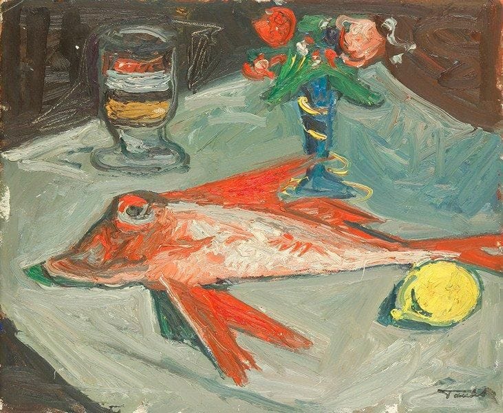 Louis-Edouard TOULET (1892-1967)
Nature morte au rouget Huile sur carton Porte le cachet de la signature en bas à droite.  38 x 46 cm