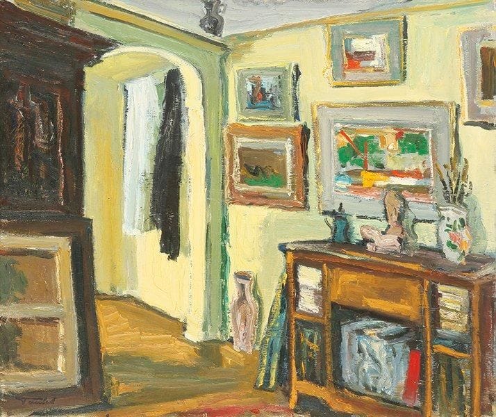 Louis-Edouard TOULET (1892-1967)
L'atelier du peintre Huile sur isorel Porte le cachet de la signature en bas à droite. 46 x 55 cm