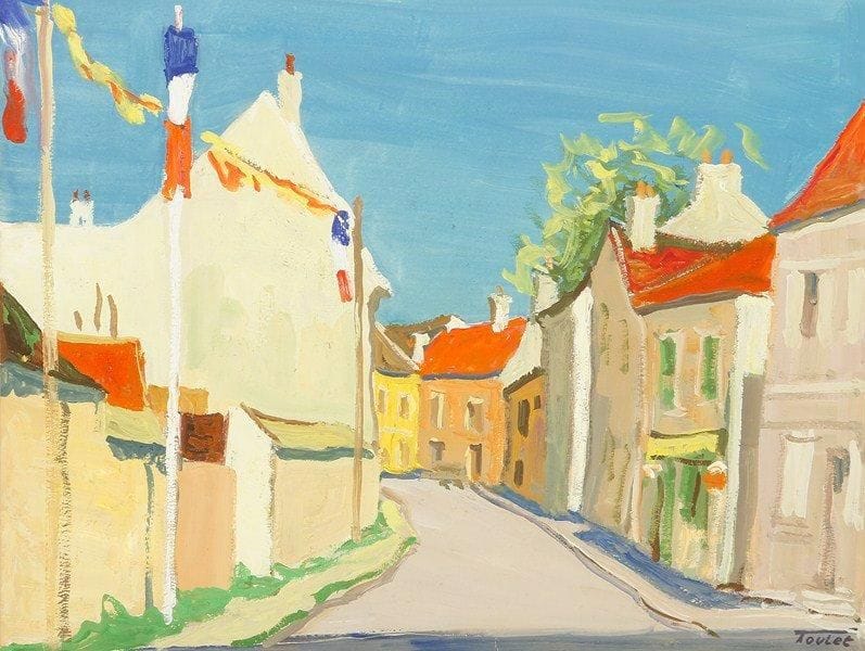Louis-Edouard TOULET (1892-1967)
Rue du village le 14 juillet Gouache Signée en bas à droite. 37 x 48 cm