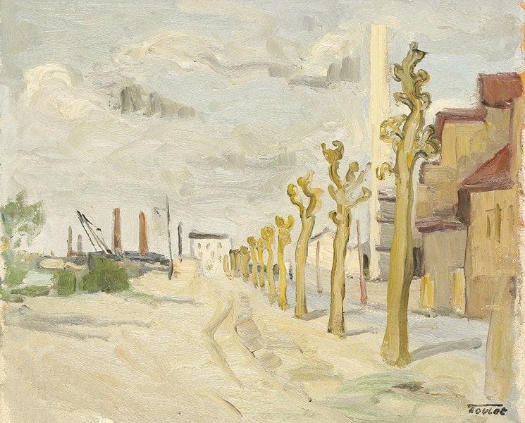 Louis-Edouard TOULET (1892-1967)
Ville en bord de Seine Huile sur carton toilé Porte le cachet de la signature en bas à droite.  38 x 46 cm