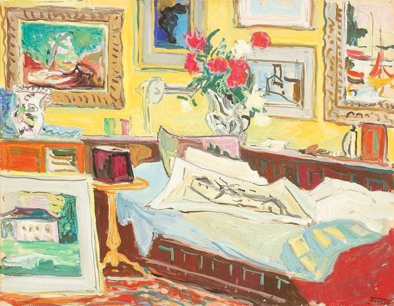 Louis-Edouard TOULET (1892-1967)
La chambre du peintre Gouache Porte le cachet de la signature en bas à droite. 50 x 65 cm (petits déchirure)