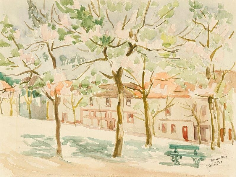 Louis-Edouard TOULET (1892-1967)
Gonesse place, 1955 Aquarelle Signée, datée et située en bas à droite. 37 x 49,5 cm