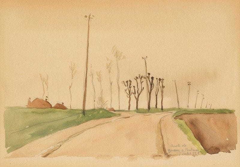 Louis-Edouard TOULET (1892-1967)
Route de Gonesse à Fontenay, 1952 Aquarelle Signée, datée et titrée en bas à droite. 26 x 37,5 cm