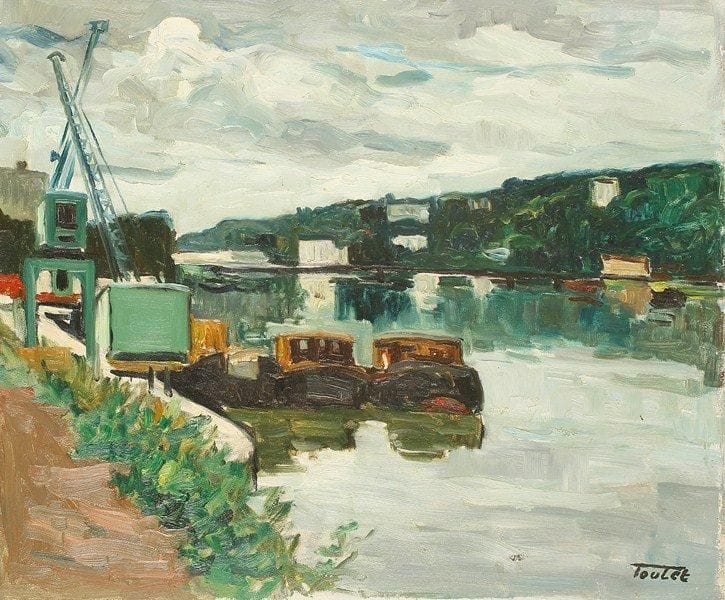 Louis-Edouard TOULET (1892-1967)
La Seine à Sèvres Huile sur isorel Signée en bas à droite. Signée et titrée au dos. 46 x 55 cm