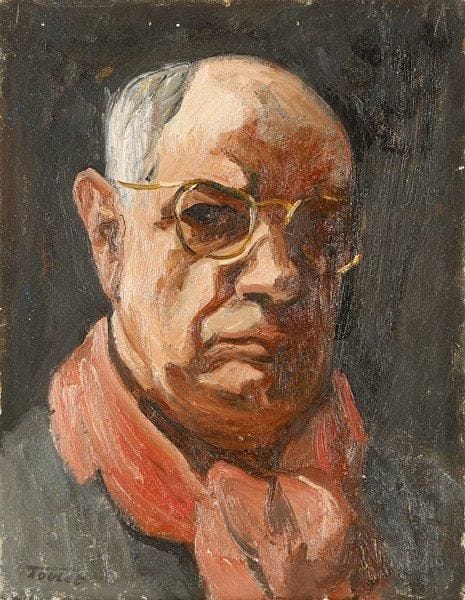 Louis-Edouard TOULET (1892-1967)
Autoportrait au foulard rouge Huile sur carton Porte le cachet de la signature en bas à droite. 35 x 27 cm