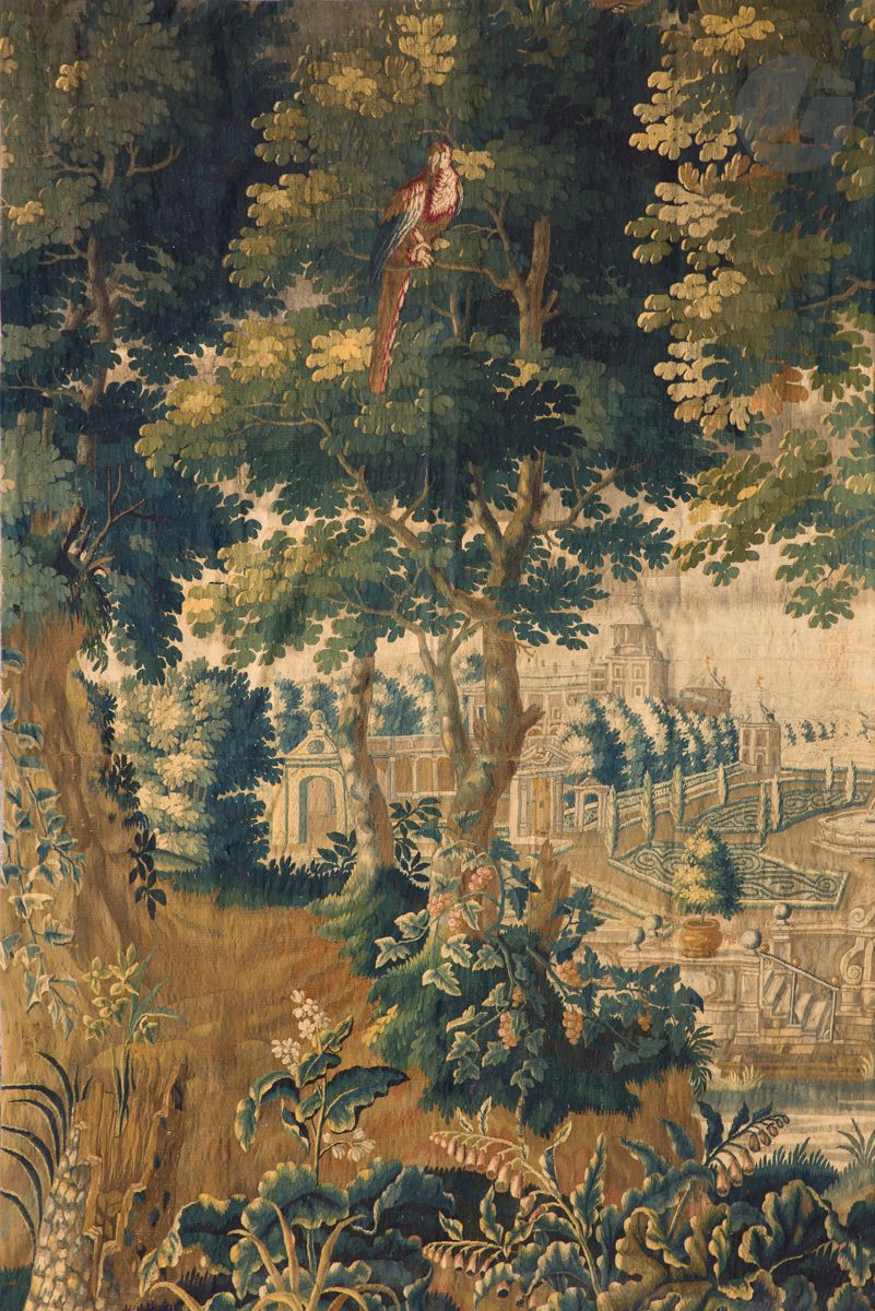 Fragment of a green tapestry in wool and silk decorated with a forest and various plants in the foreground on a background of a French park and an important castle. A multicolored parrot is perched in a tree. 
Flanders, 18th century.
265 x 184 cm
Diminished all around and missing the borders. Good general condition, some small restorations