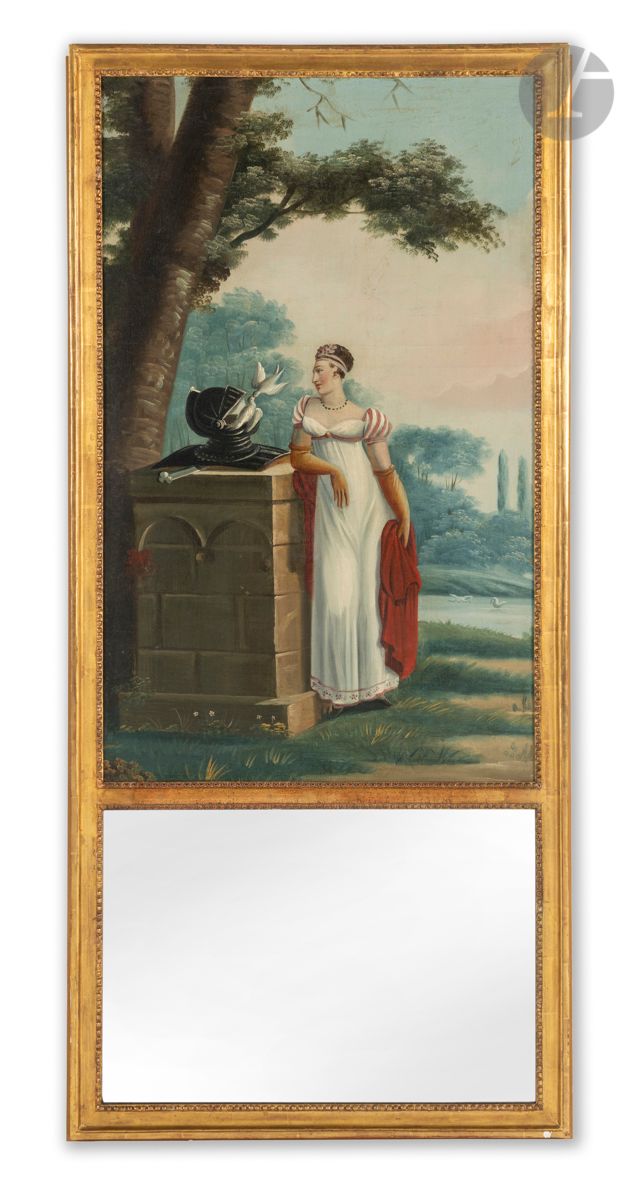 Trumeau en bois doré incorporant une huile sur toile représentant une femme accoudée.
Dans le style de la fin du XVIIIe siècle.
H : 151 cm, L : 69 cm