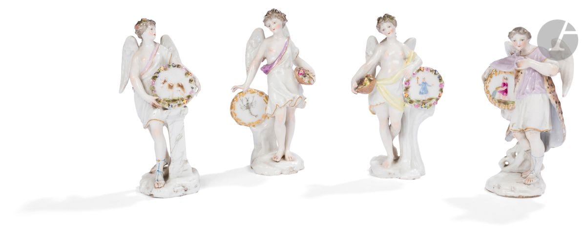 Meissen (kind of)
Four loves in porcelain with polychrome decoration.
End of the 19th century. 
H : 12 cm