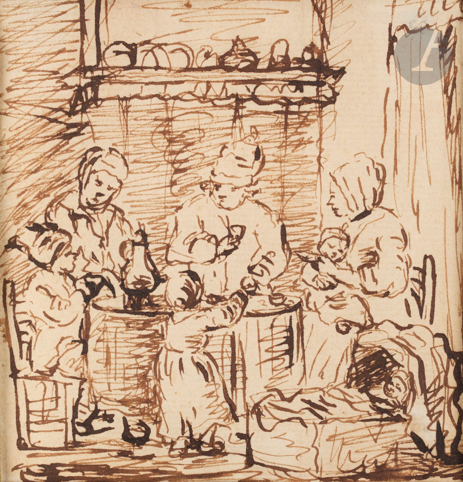 École NORDIQUE du XVIIIe siècle
Le Repas familial
Plume et encre brune.
9 x 9 cm