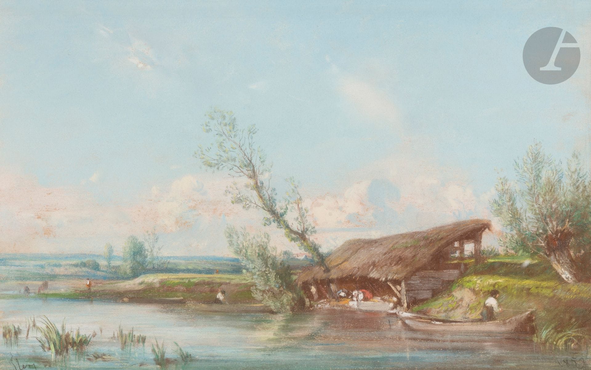 Camille FLERS (1802-1868)
Bord du Loiret, le lavoir, 1853
Pastel
Signé en bas à gauche et daté en bas à droite
19 x 30 cm
