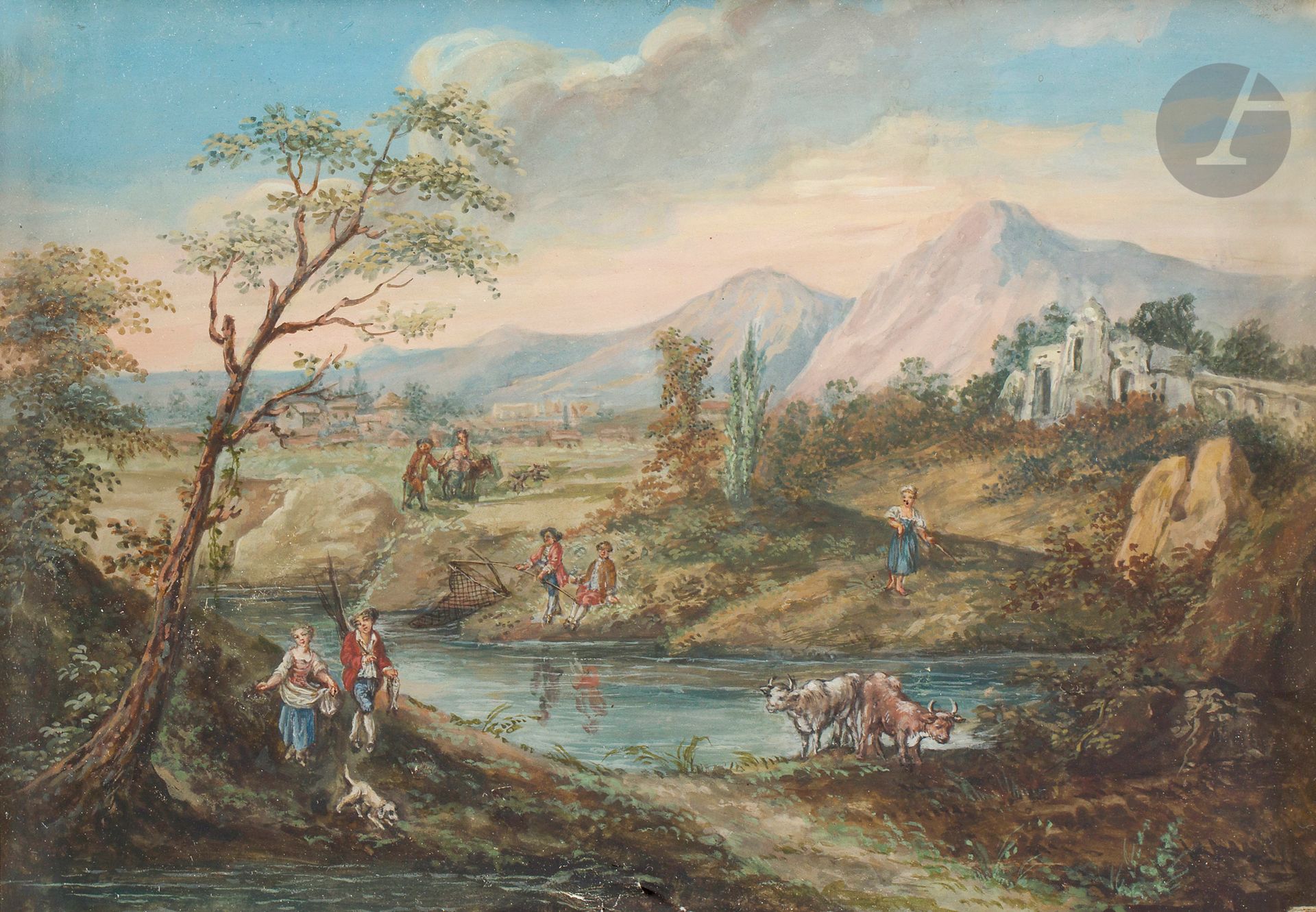 École FRANÇAISE du XVIIIe siècle
Paysage animé
Gouache.
20 x 30 cm