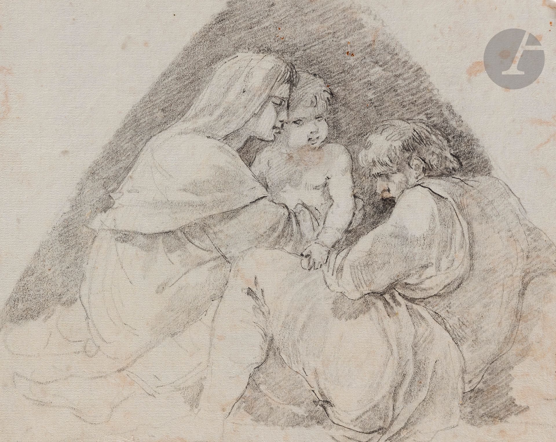 Julien DE PARMES (1736-1799)
Sainte famille d’après Michel-Ange
Pierre noire.
13 x 15,8 cm