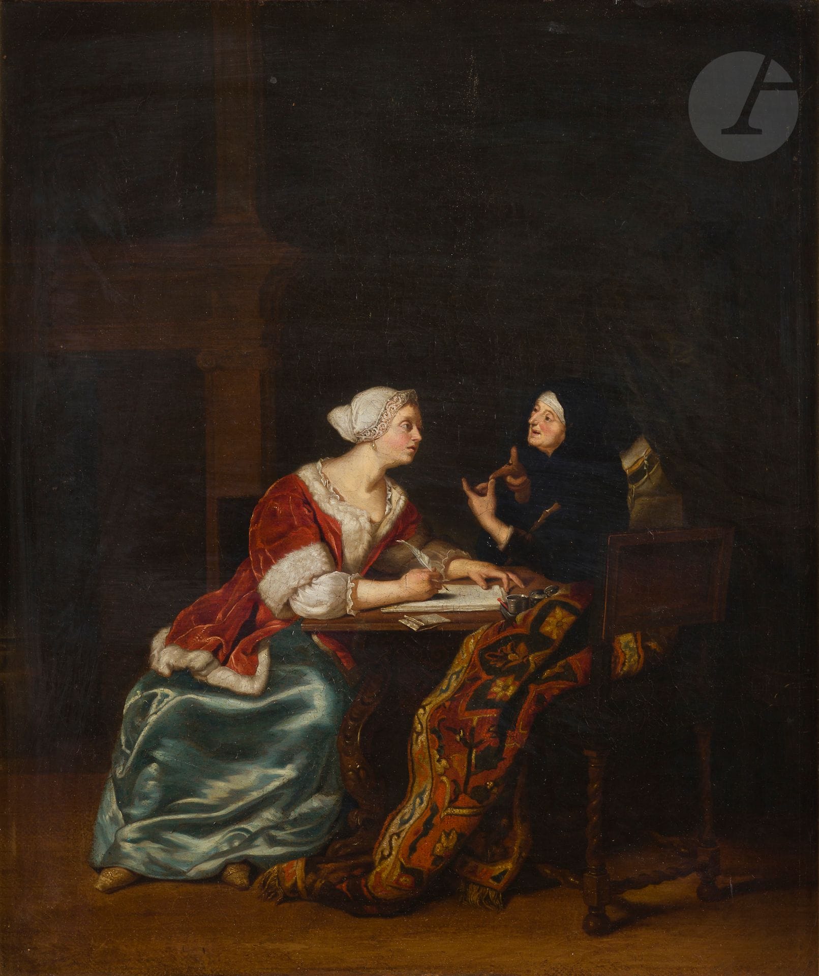 Dans le goût de Van MIERIS
Jeune femme prenant note 
Toile
55 x 46 cm