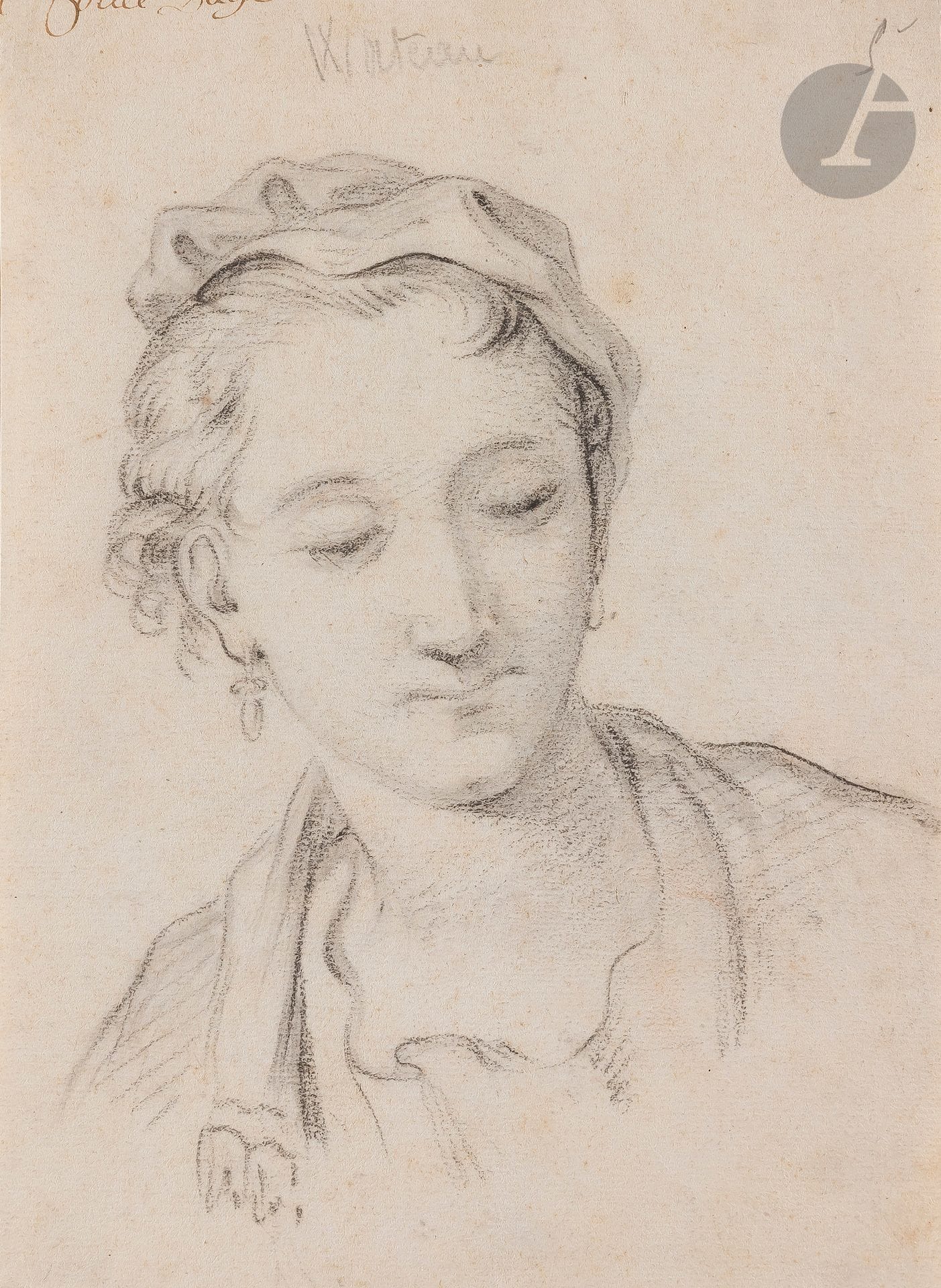 Atelier de François BOUCHER
Tête de femme d’après Antoine Watteau
Pierre noire et lavis gris.
23,5 x 17,5 cm