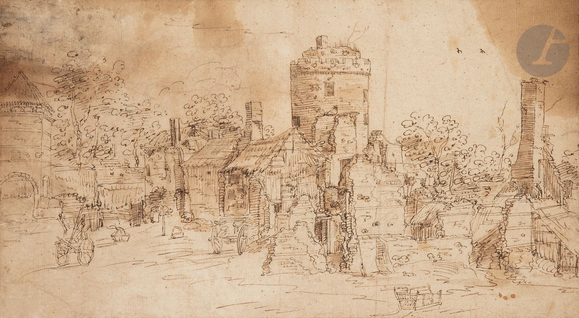 17th century NORTHERN school
Ruined village landscape
Pen and brown ink, brown wash.
(Stains, folds, lining).
18,5 x 34,5 cm
