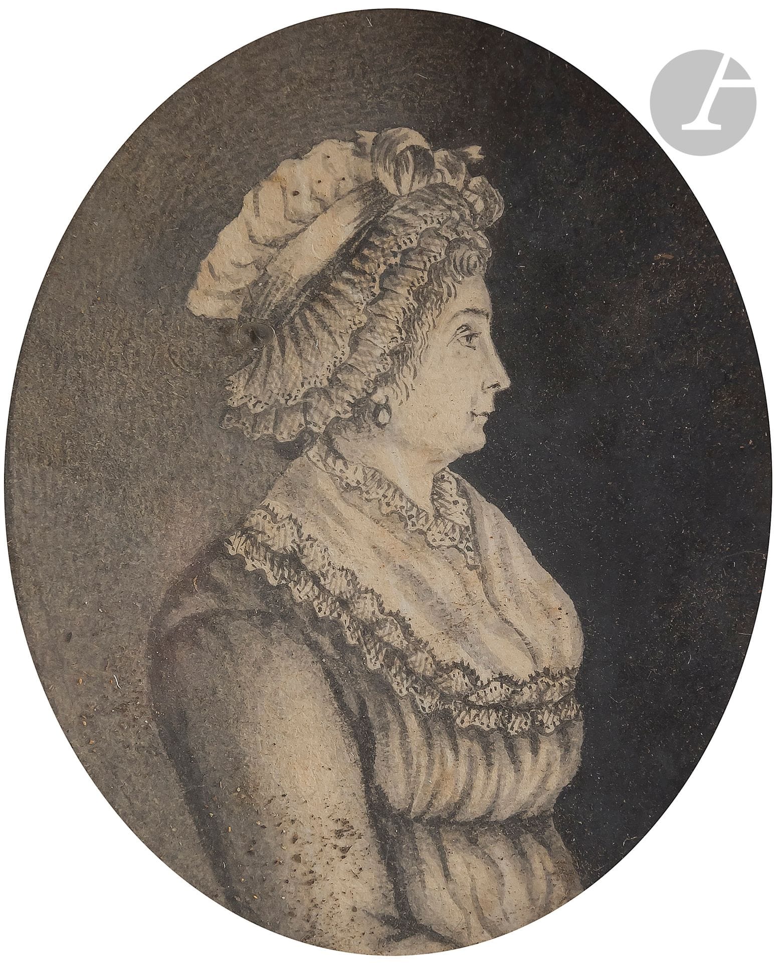École FRANÇAISE de la fin du XVIIIe siècle
Profil de femme au bonnet
Plume et encre grise.
8 x 7 cm