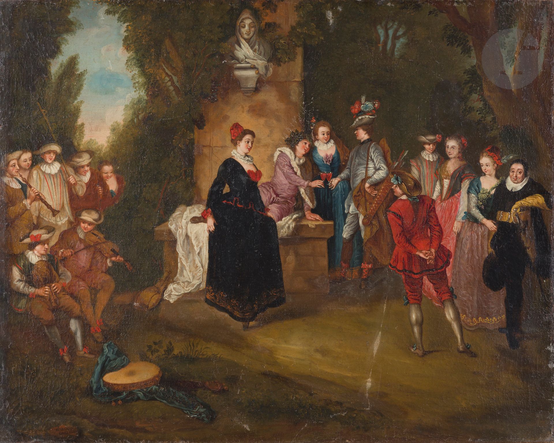 École FRANCAISE d’après Antoine WATTEAU
La Comédie Française
Toile
Signée en bas à gauche « Gaspard Grezely »
64 x 79 cm
(Restaurations)