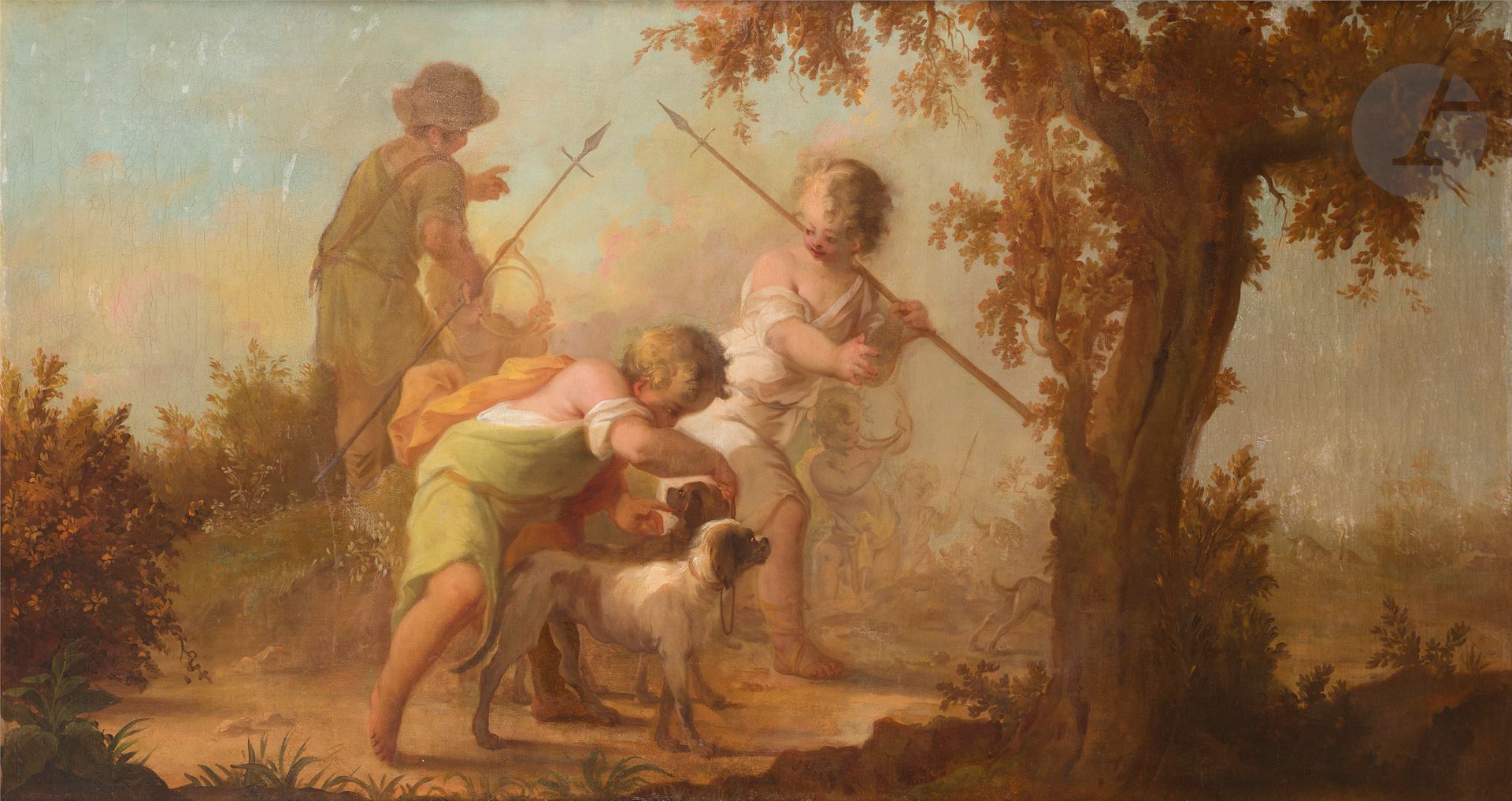 Johann Heinrich KELLER 
(Zürich 1692 - La Haye 1765)
Jeunes enfants chasseurs
Toile anciennement chantournée, agrandie sur les côtés
Signée et datée au centre « J Keller/1753 »
82,5 x 163 cm
(Restaurations anciennes)

Ce tableau peut être rapproché de cinq toiles, aux dimensions similaires, commandées par Guillaume IV d’Orange-Nassau, aujourd’hui conservées au Stichting Historische Verzamelingen van het Huis Oranje-Nassau de La Haye. Ces cinq toiles, comme notre tableau, sont datées 1753.