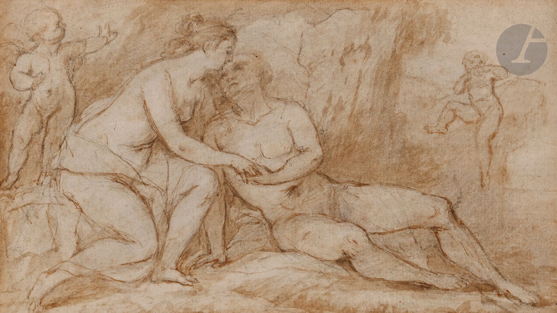 18th century FRENCH school
Mythological scene
Pen and brown ink on black pencil lines.
12 x 20,5 cm
