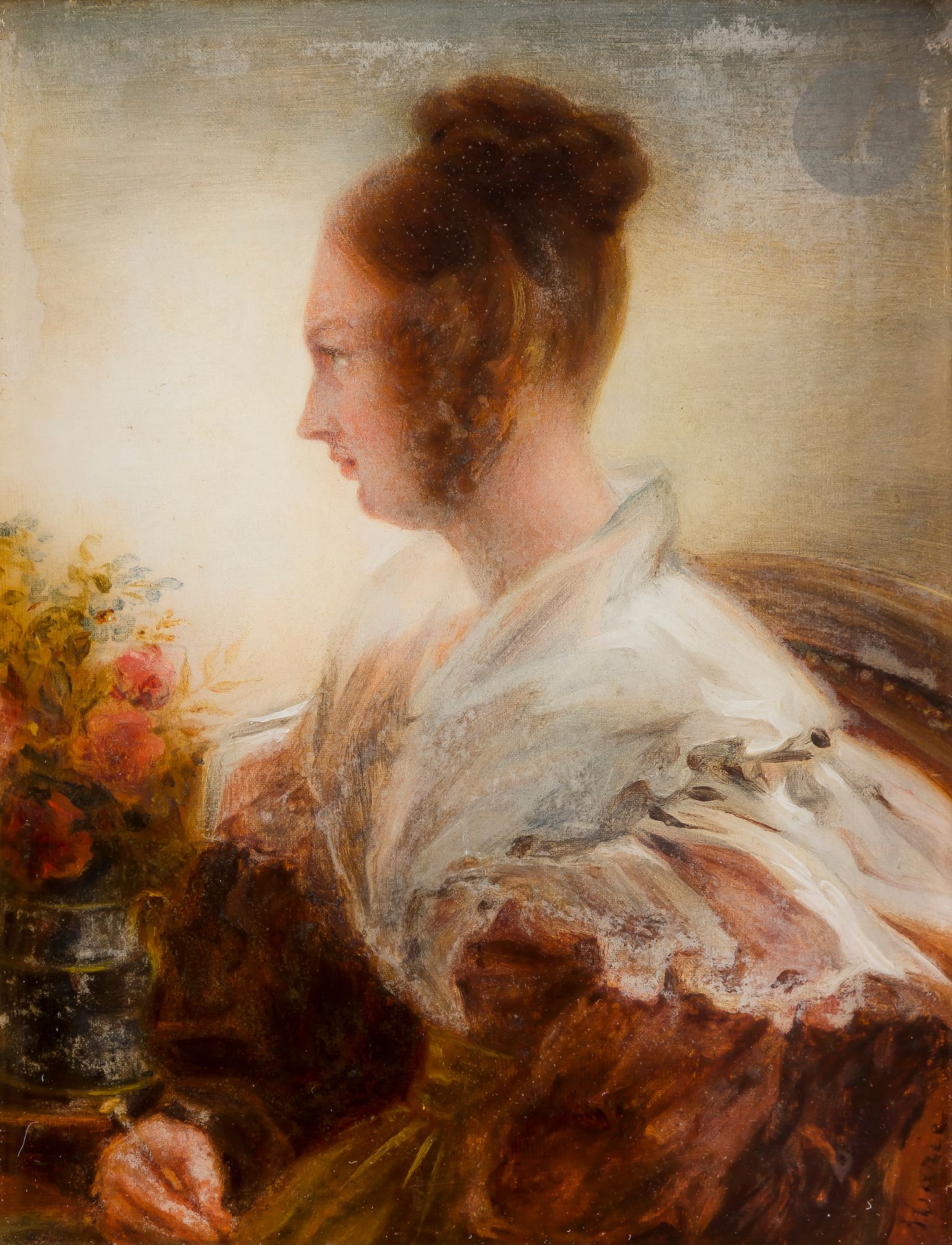 Marie d’Orléans 
(Palerme, 1813 - Pise, 1839)
Portrait de dame 
Fixé sous verre.
Signé à droite : «Marie»
Au revers du cadre : « Étude d’après nature (...) à son ami Biesta 1838 ».
Dans son cadre d’origine.
15,5 x 12,5 cm

Princesse mécène et artiste romantique, Marie d’Orléans est la fille cadette de Louis-Philippe et de Marie-Amélie de Bourbon-Sicile. Élève d’Ary Scheffer qui lui enseigne le dessin à partir de 1822, puis la sculpture en 1834, elle constitue également une collection de meubles et d’objets de la fin du Moyen Age jusqu’au XVIIe siècle. Elle meurt à vingt-cinq ans, à Pise, atteinte de phtisie, peu après la naissance de son fils, Philippe de Wurtemberg.