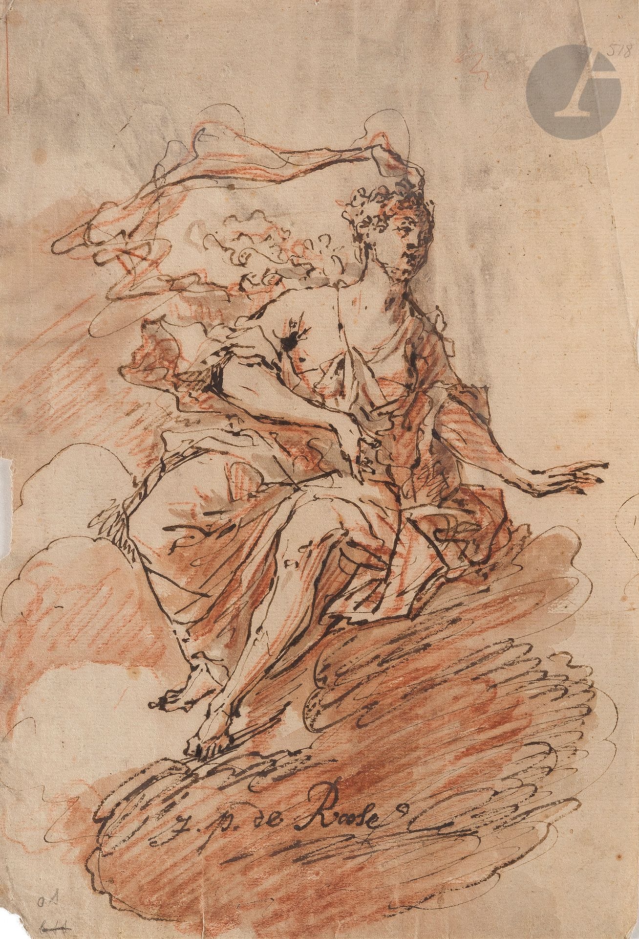École FLAMANDE vers 1700
Figure féminine plafonnante
Plume, encre brune sur sanguine, lavis gris.
Au verso : plusieurs études de silhouettes à la sanguine.
Annoté dans le bas de lefeille : «J.P.DE Roose».
(Coin manquant en haut à droite et petits manquess sur le côté gauche).
32 x 22 cm