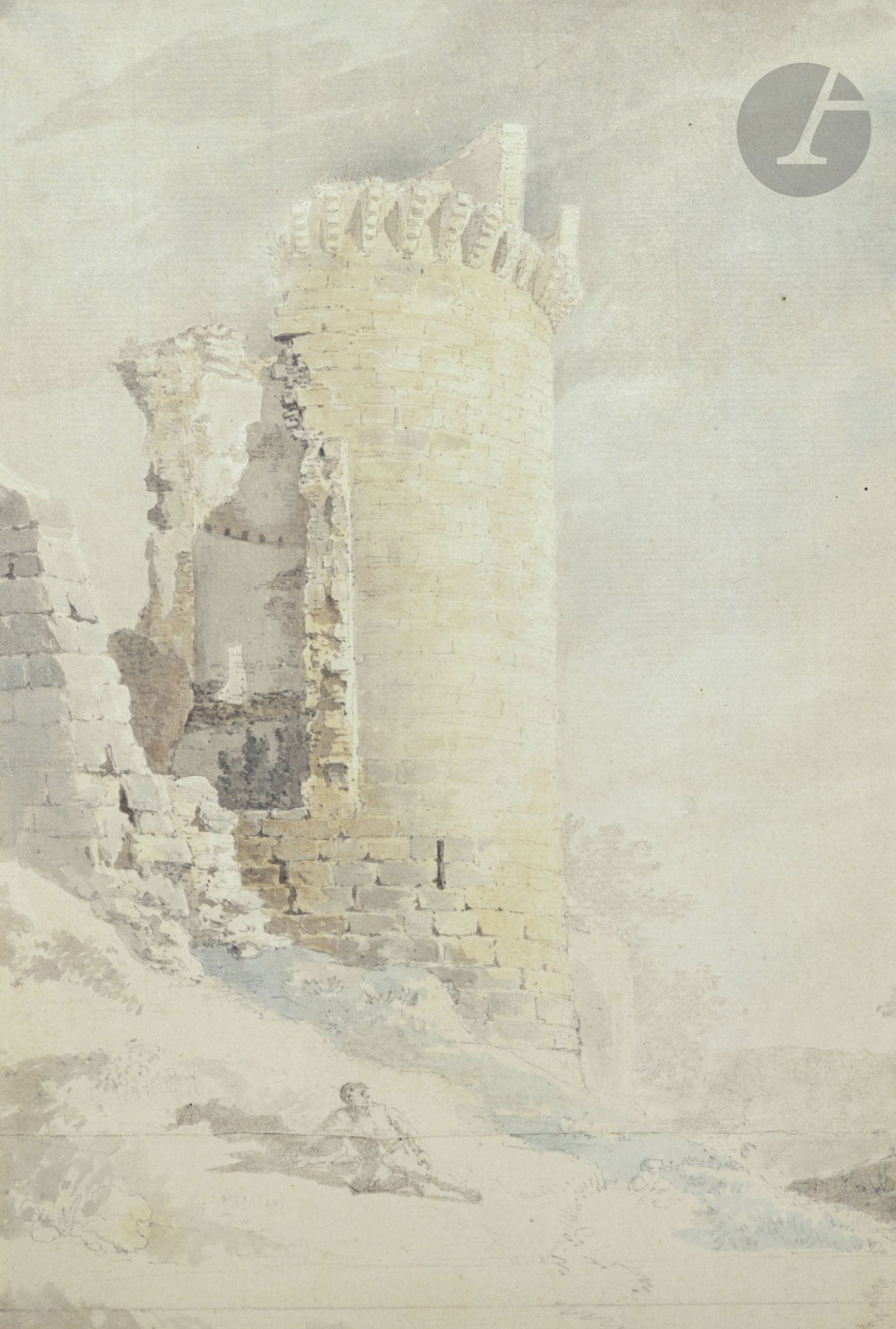 Jean-Lubin VAUZELLE 
(Angerville 1776 - 1839)
Donjon du Chateau d’Arques
Aquarelle et crayon noir.
Annotée au verso : « Donjon du Chateau d’Arques ».
27 x 18 cm